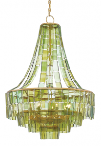 Vintner Chandelier features individually-cut pieces of green glass made from recycled bottles. $2,614, CAI Designs, Michigan Design Center, Troy,